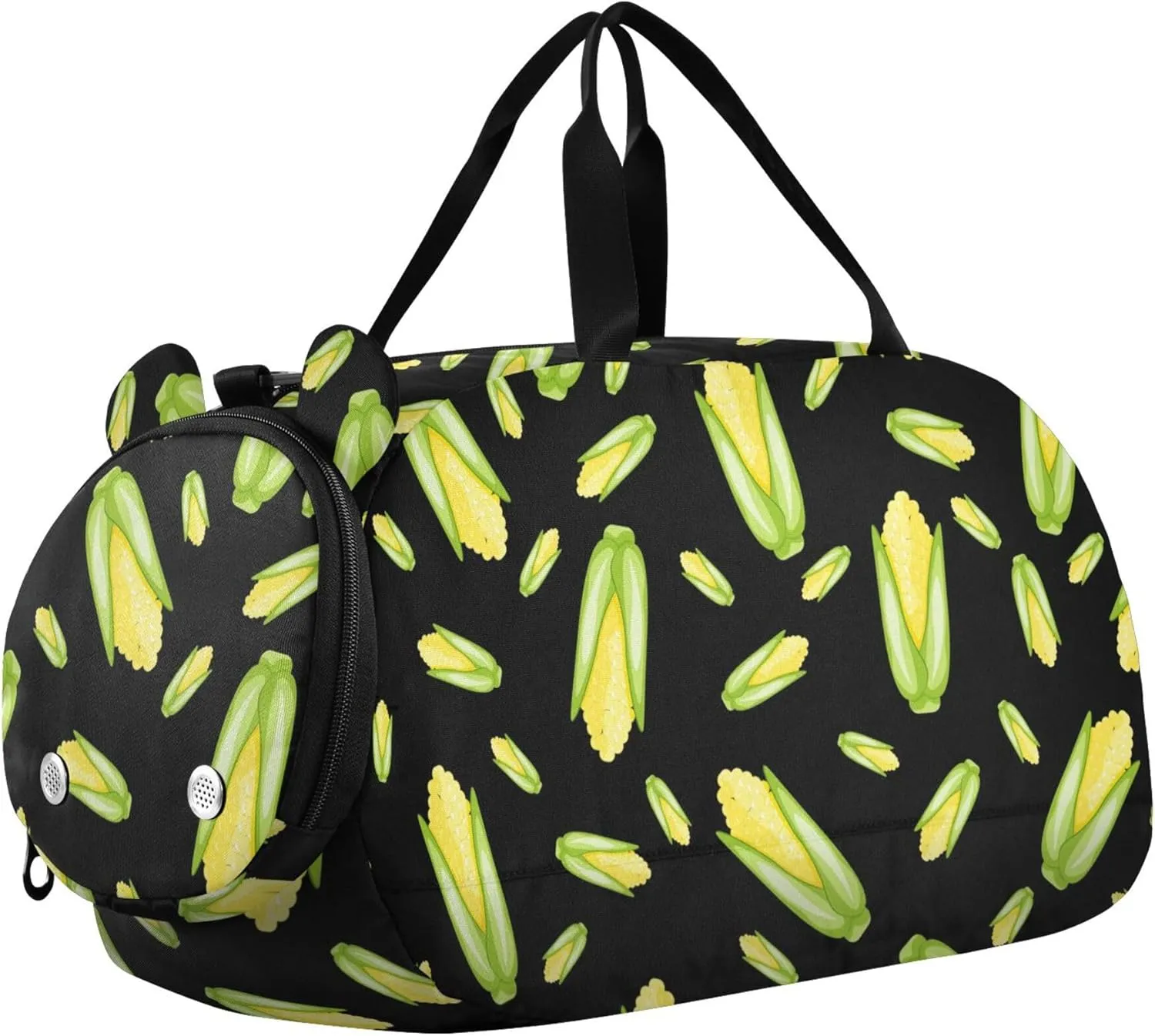 Cartoon Corn on Black Sports Duffle Bag for Girls Boys, Gym Bag with Shoe Compartment, Kids Travel Overnight Weekender Shoulder Bag