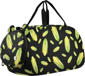 Cartoon Corn on Black Sports Duffle Bag for Girls Boys, Gym Bag with Shoe Compartment, Kids Travel Overnight Weekender Shoulder Bag