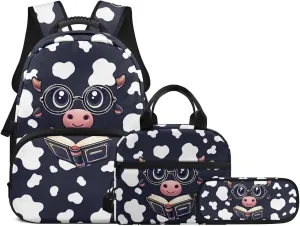 Cartoon Cow Print Backpack for Kids 3 PCS Bookbag Organizers Schoolbag with Lunch Bag Pen Case Set Kids Toddler Kindergarten Backpack Student Bookbag