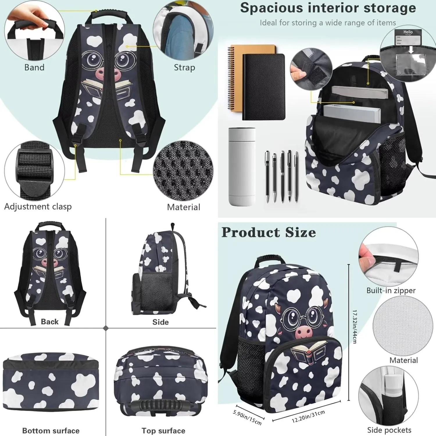 Cartoon Cow Print Backpack for Kids 3 PCS Bookbag Organizers Schoolbag with Lunch Bag Pen Case Set Kids Toddler Kindergarten Backpack Student Bookbag