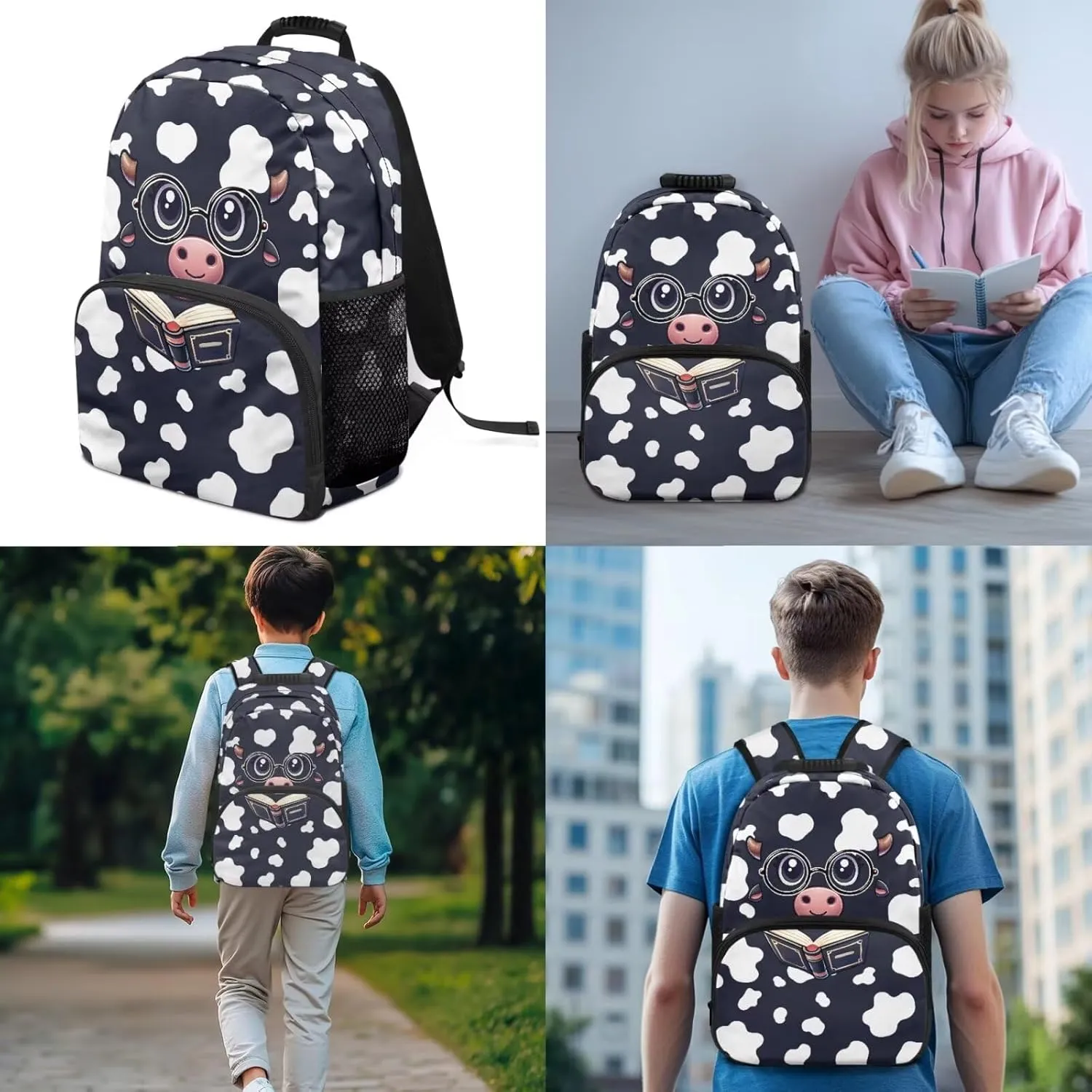 Cartoon Cow Print Backpack for Kids 3 PCS Bookbag Organizers Schoolbag with Lunch Bag Pen Case Set Kids Toddler Kindergarten Backpack Student Bookbag