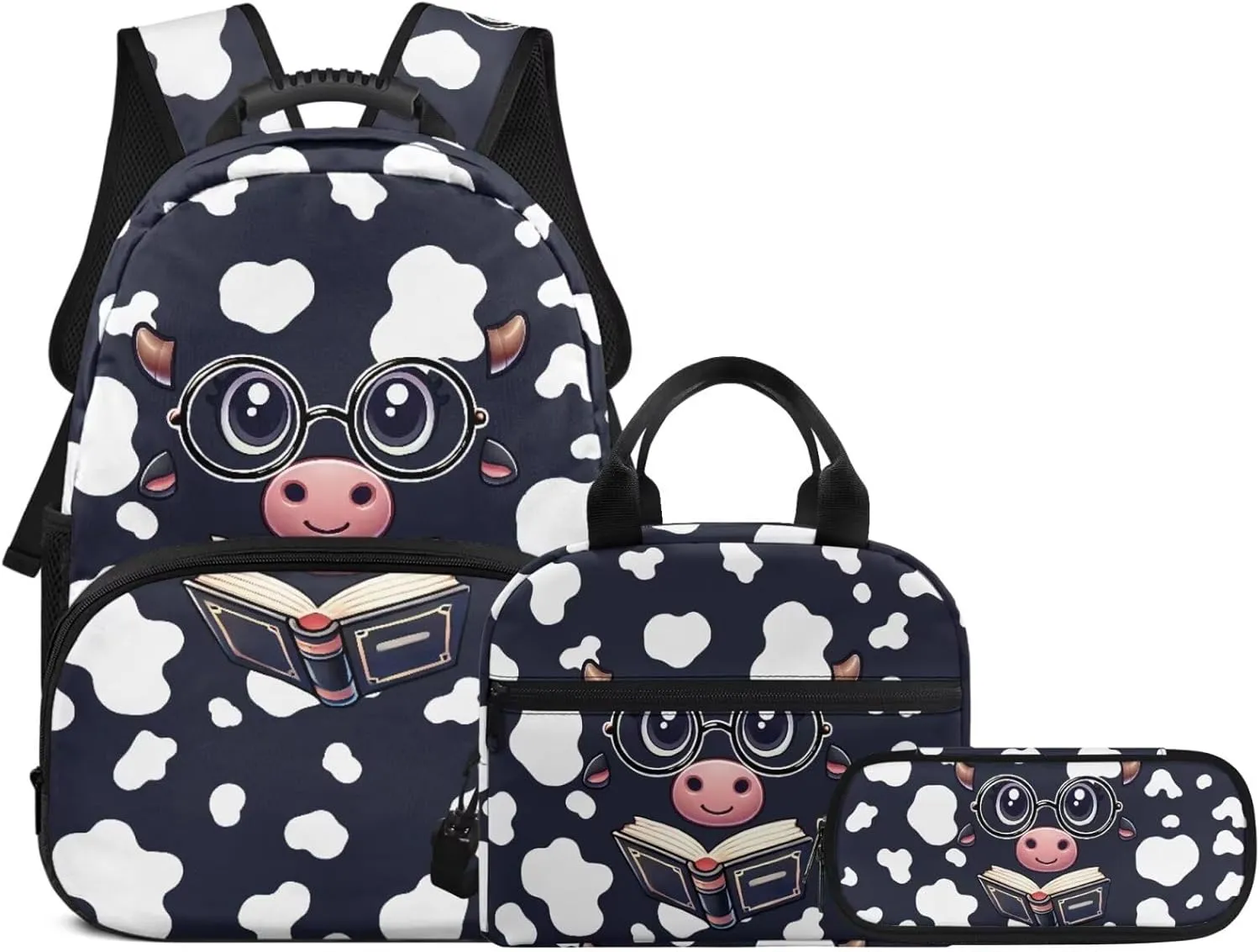 Cartoon Cow Print Backpack for Kids 3 PCS Bookbag Organizers Schoolbag with Lunch Bag Pen Case Set Kids Toddler Kindergarten Backpack Student Bookbag