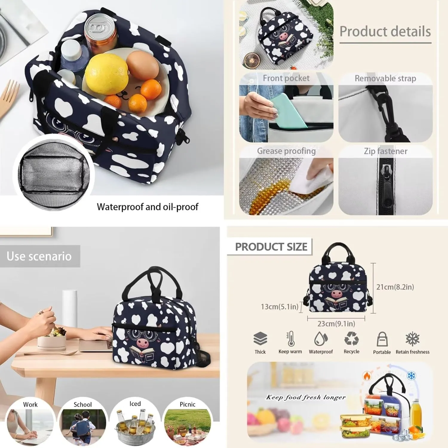 Cartoon Cow Print Backpack for Kids 3 PCS Bookbag Organizers Schoolbag with Lunch Bag Pen Case Set Kids Toddler Kindergarten Backpack Student Bookbag