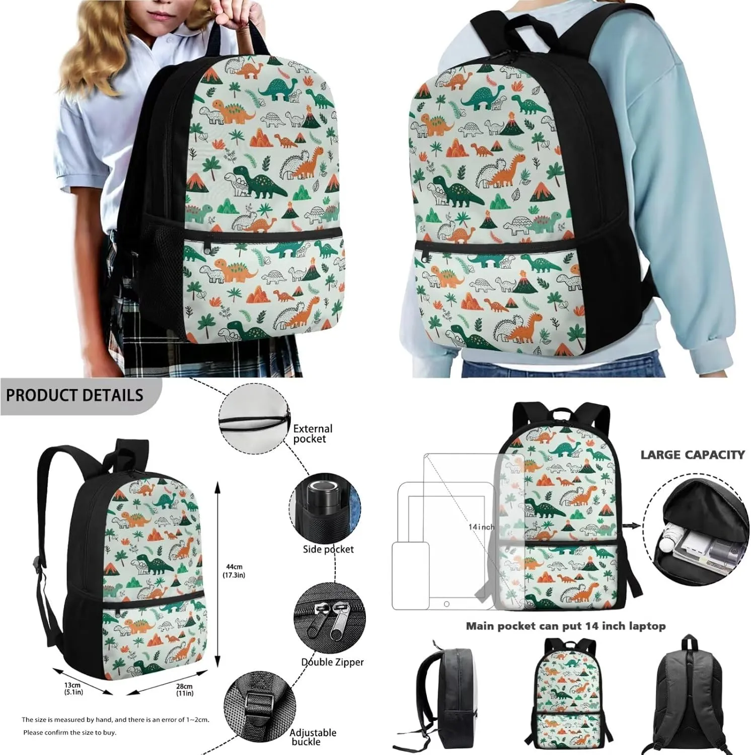 Cartoon Dinosaur Print Trendy Backpack for Kids Toddler Boys Girls School Bookbag Set for Elementary Teen Daypack Bookbag with Lunch Box Pencil Case Water Pouch Set 4 in 1