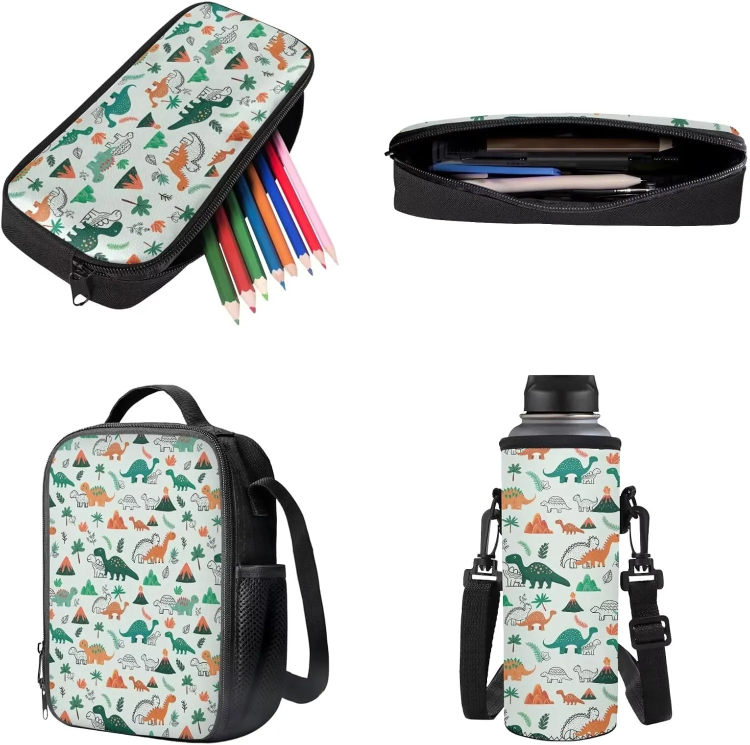 Cartoon Dinosaur Print Trendy Backpack for Kids Toddler Boys Girls School Bookbag Set for Elementary Teen Daypack Bookbag with Lunch Box Pencil Case Water Pouch Set 4 in 1