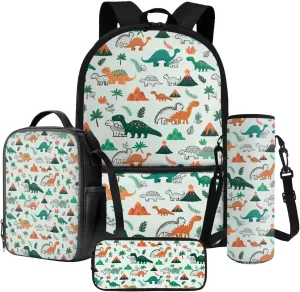 Cartoon Dinosaur Print Trendy Backpack for Kids Toddler Boys Girls School Bookbag Set for Elementary Teen Daypack Bookbag with Lunch Box Pencil Case Water Pouch Set 4 in 1
