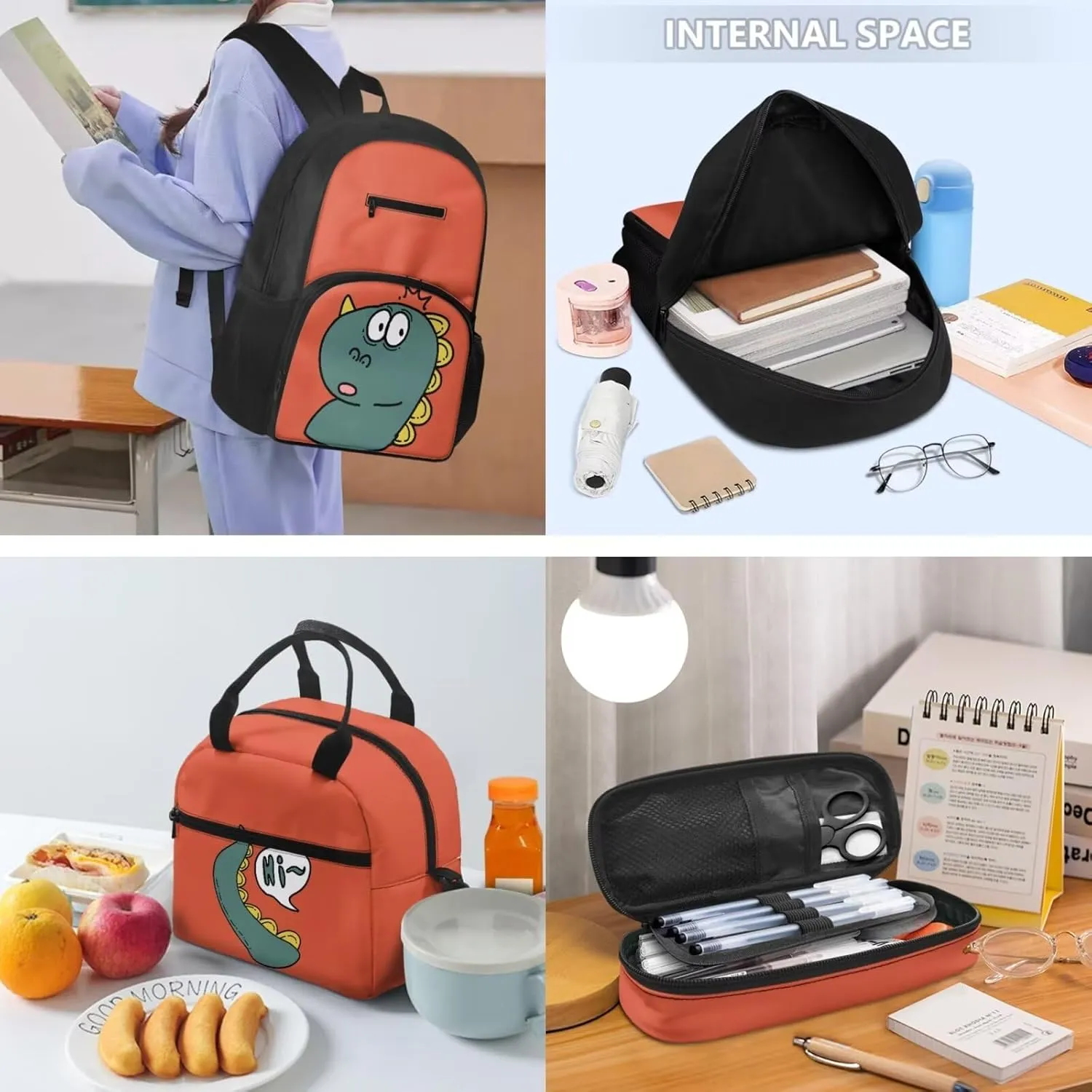 Cartoon Dinosaur Tail Print 3pcs School Backpack Set with Lunch Box & Pencil Case, Lightweight 16.9 Inch Durable Backpack, Tote Bag with Shoulder Strap, Ideal for School Travel Picnic