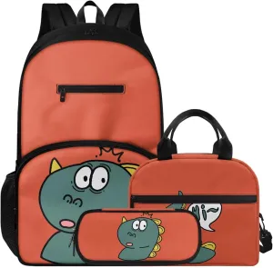 Cartoon Dinosaur Tail Print 3pcs School Backpack Set with Lunch Box & Pencil Case, Lightweight 16.9 Inch Durable Backpack, Tote Bag with Shoulder Strap, Ideal for School Travel Picnic