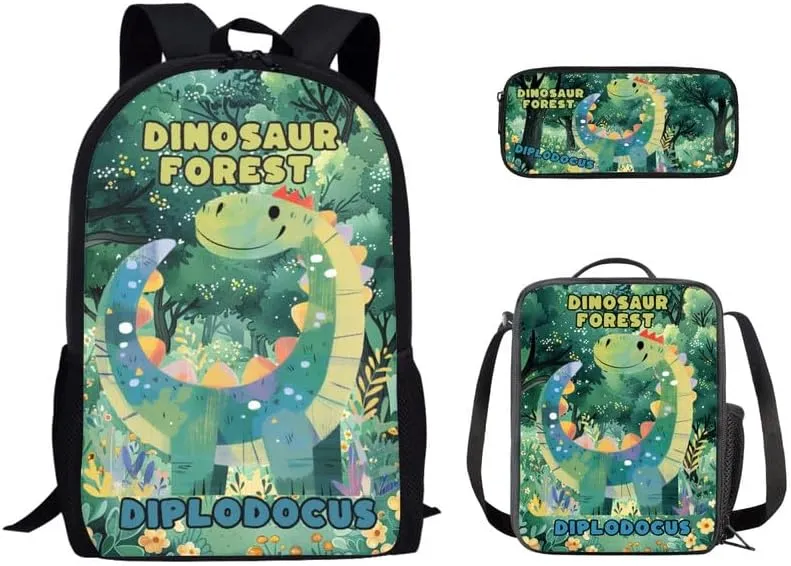 Cartoon Diplodocus Forest Book Bags for School Girls Backpack Set Cute Dinosaur Tree 3 PCS/Cute Lunchbox Small Lunch Bag/Teenager Pencil Case Kids
