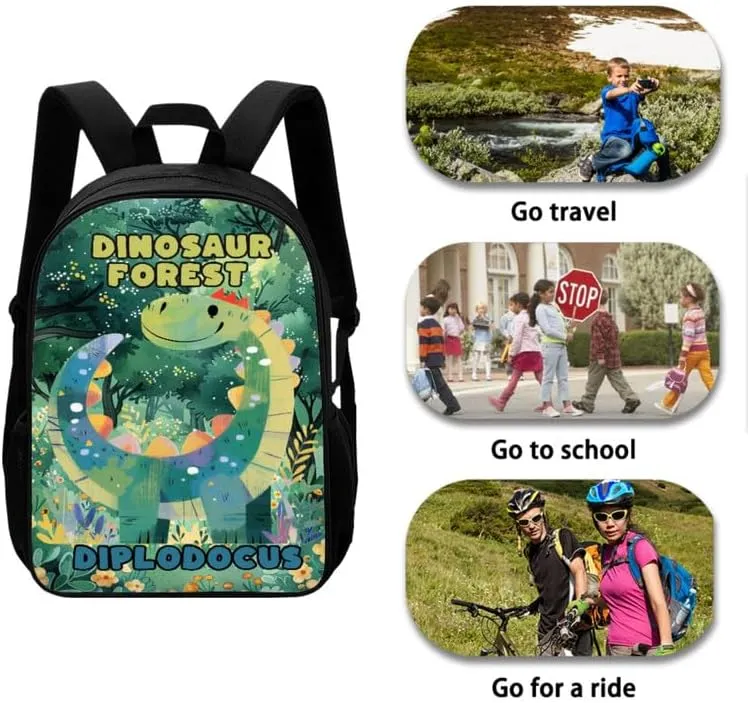 Cartoon Diplodocus Forest Book Bags for School Girls Backpack Set Cute Dinosaur Tree 3 PCS/Cute Lunchbox Small Lunch Bag/Teenager Pencil Case Kids