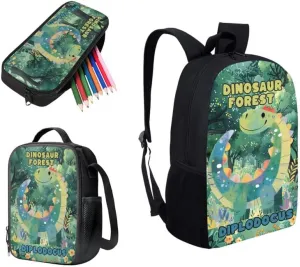 Cartoon Diplodocus Forest Book Bags for School Girls Backpack Set Cute Dinosaur Tree 3 PCS/Cute Lunchbox Small Lunch Bag/Teenager Pencil Case Kids