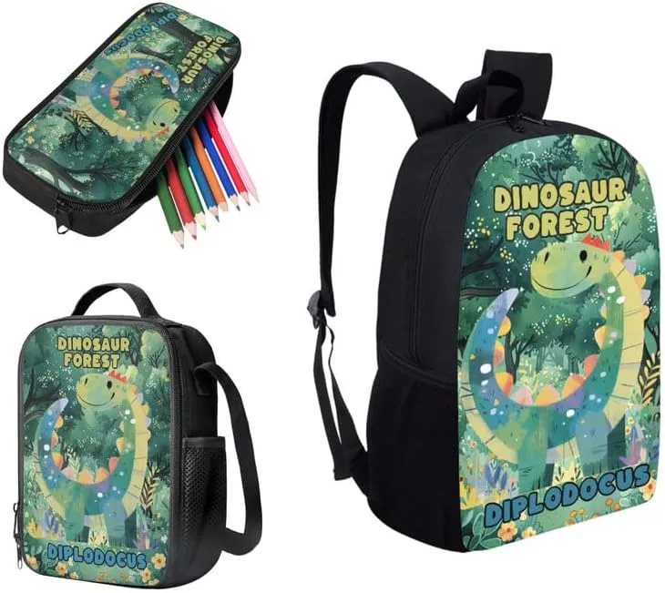 Cartoon Diplodocus Forest Book Bags for School Girls Backpack Set Cute Dinosaur Tree 3 PCS/Cute Lunchbox Small Lunch Bag/Teenager Pencil Case Kids