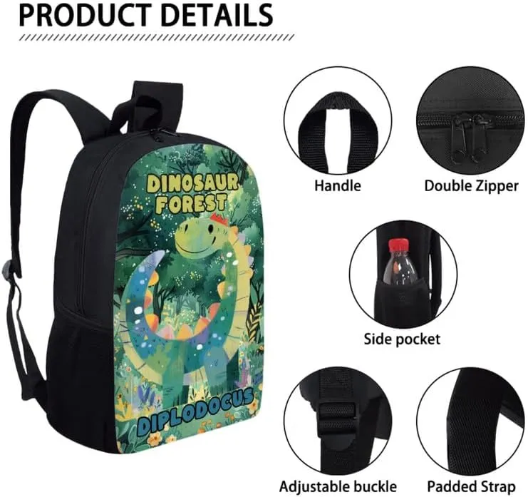 Cartoon Diplodocus Forest Book Bags for School Girls Backpack Set Cute Dinosaur Tree 3 PCS/Cute Lunchbox Small Lunch Bag/Teenager Pencil Case Kids
