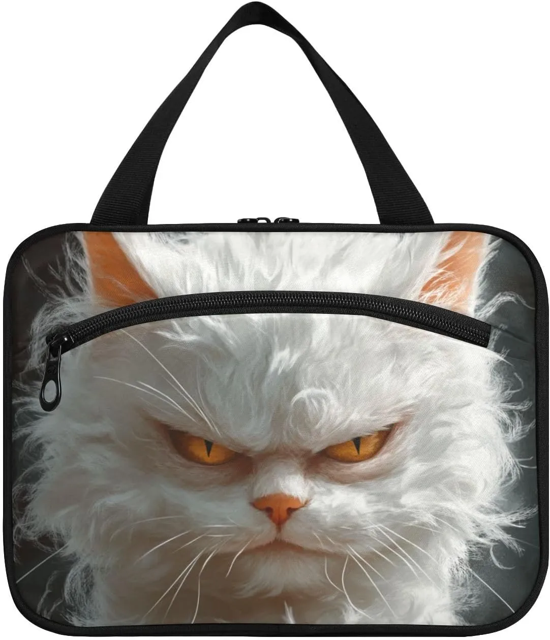 Cartoon Funny Turkish Angora Cats Anger hanging makeup travel bag with hook, designer necessities hanging toiletry bags for women must traveling bolso para maquillaje L