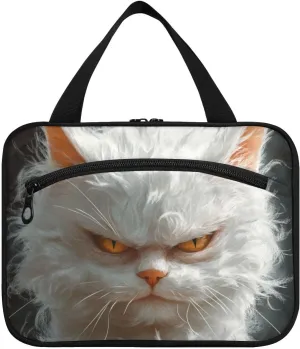 Cartoon Funny Turkish Angora Cats Anger hanging makeup travel bag with hook, designer necessities hanging toiletry bags for women must traveling bolso para maquillaje L