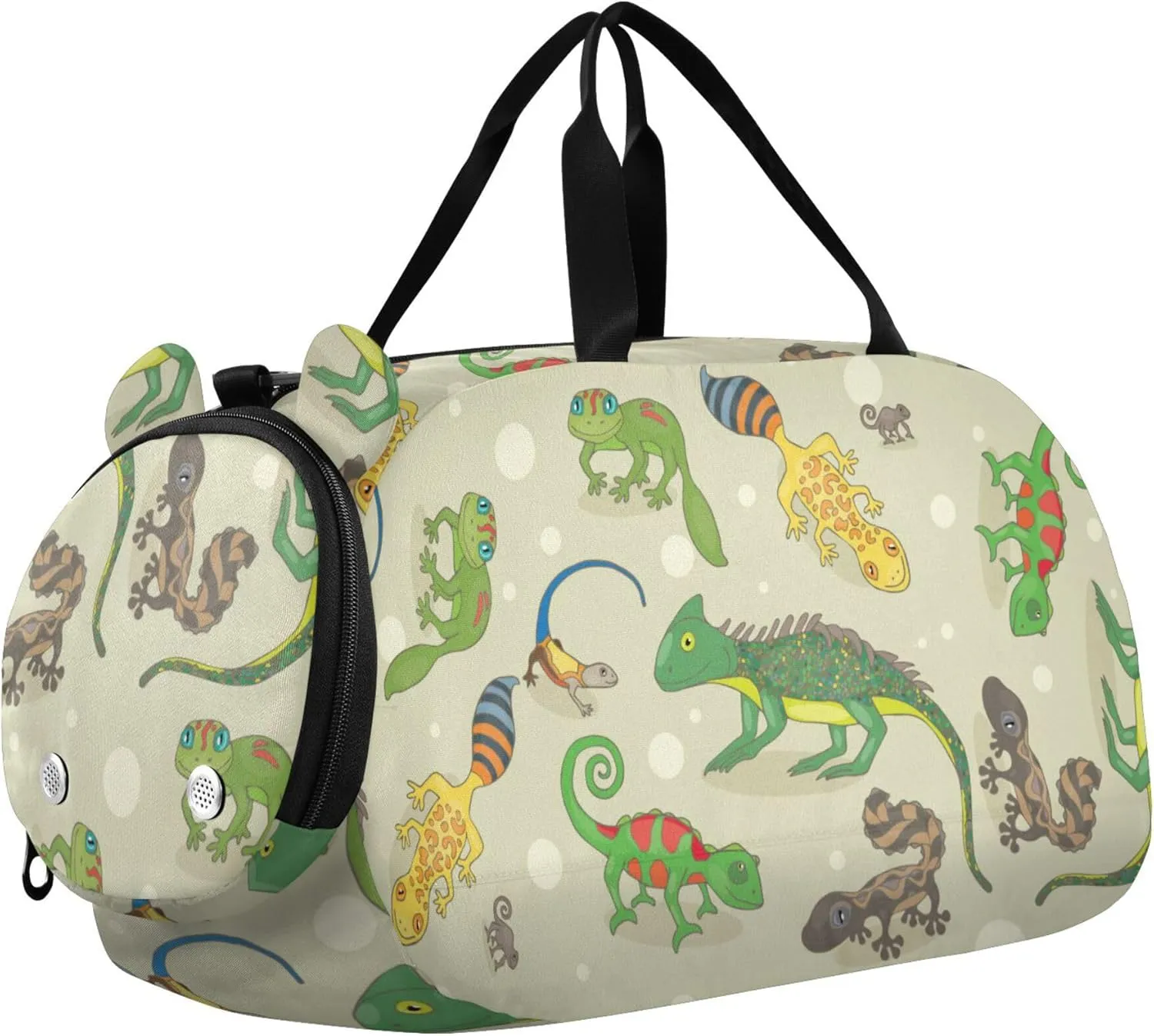 Cartoon Green Lizards Sports Duffle Bag for Girls Boys, Gym Bag with Shoe Compartment, Kids Travel Overnight Weekender Shoulder Bag