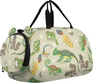 Cartoon Green Lizards Sports Duffle Bag for Girls Boys, Gym Bag with Shoe Compartment, Kids Travel Overnight Weekender Shoulder Bag