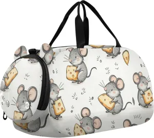 Cartoon Mouse Eat Cheese Sports Duffle Bag for Teens Girls Boys, Gym Bag with Shoe Compartment, Kids Travel Overnight Weekender Shoulder Bag