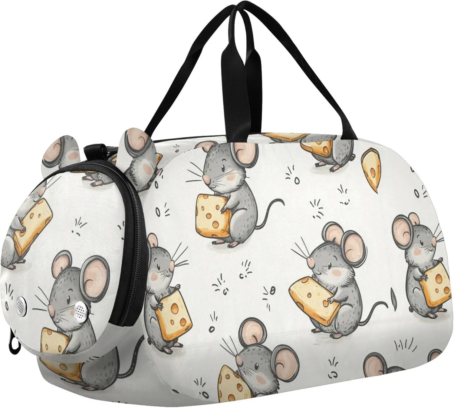 Cartoon Mouse Eat Cheese Sports Duffle Bag for Teens Girls Boys, Gym Bag with Shoe Compartment, Kids Travel Overnight Weekender Shoulder Bag