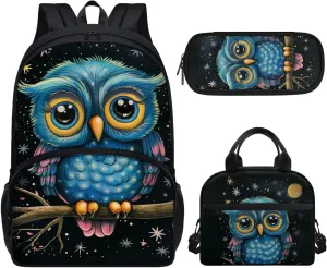 Cartoon Owl Backpack Cute School Bag with Lunchbox Pencil Case for Kids Girls Bookbag Middle Primary Elementary Schoolbag Lunch Bag for 6-8 9-11 12-14 Child Students Rucksack Satchel