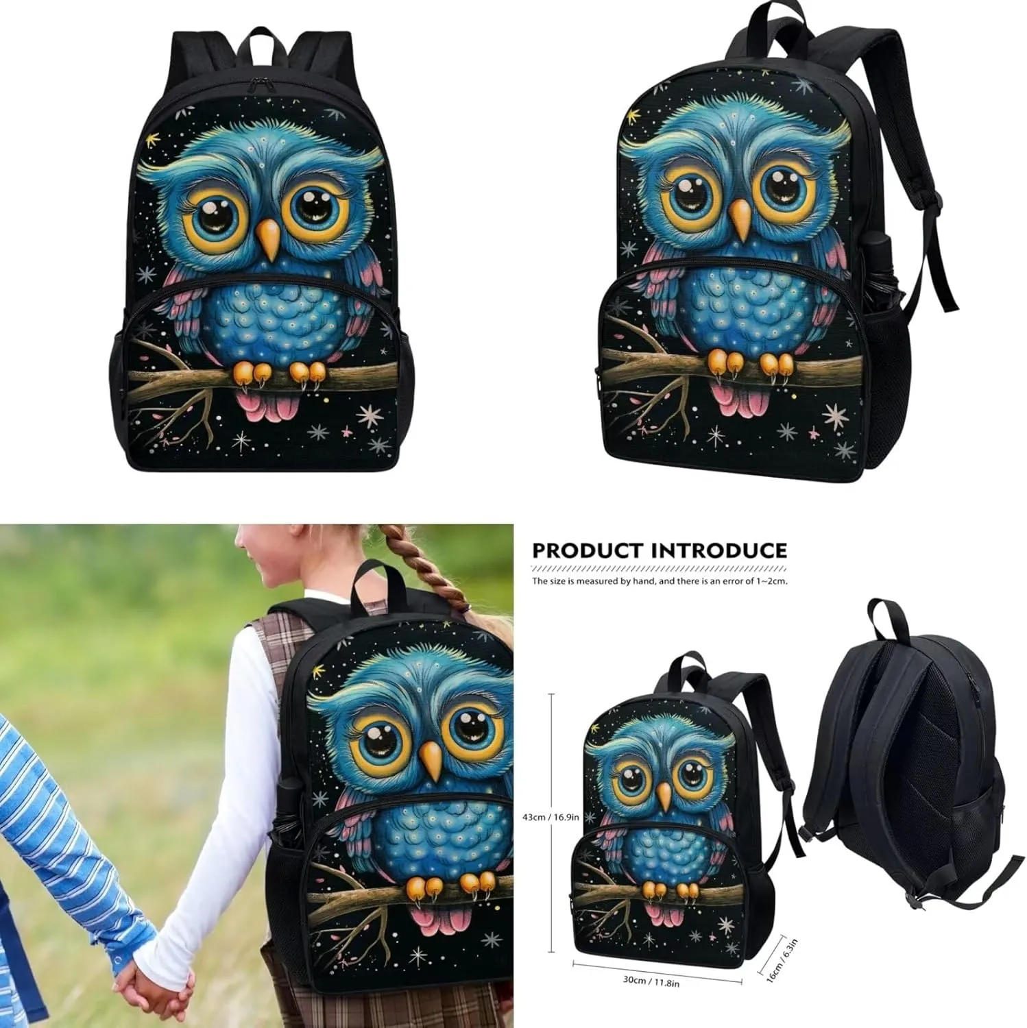 Cartoon Owl Backpack Cute School Bag with Lunchbox Pencil Case for Kids Girls Bookbag Middle Primary Elementary Schoolbag Lunch Bag for 6-8 9-11 12-14 Child Students Rucksack Satchel