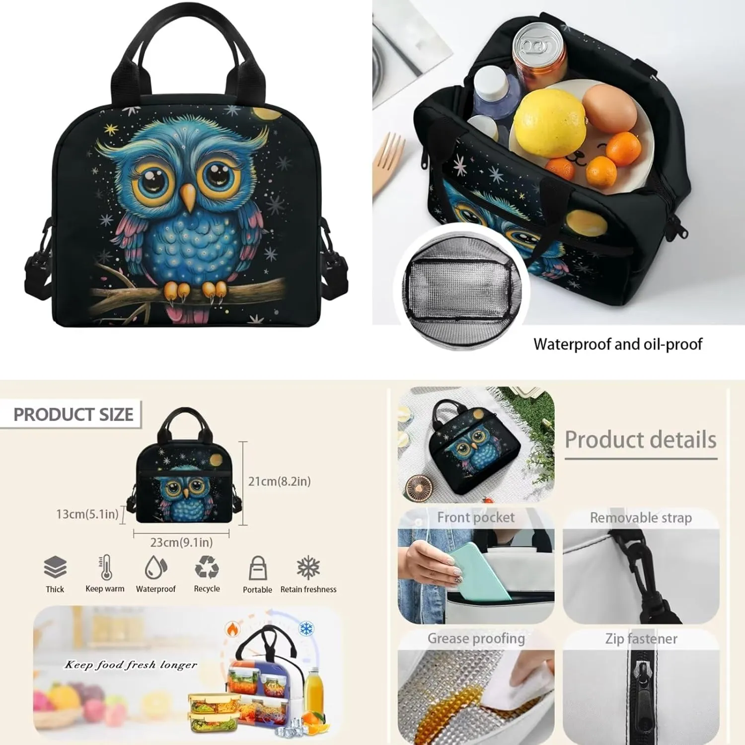 Cartoon Owl Backpack Cute School Bag with Lunchbox Pencil Case for Kids Girls Bookbag Middle Primary Elementary Schoolbag Lunch Bag for 6-8 9-11 12-14 Child Students Rucksack Satchel