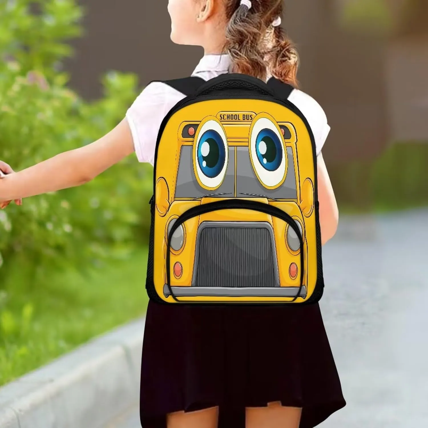 Cartoon School Bus Print Boys Girls Backpack Small Kids Backpack with Adjustable Shoulder Straps Cute Casual School Bookbag for Preschool Kindergarten Student