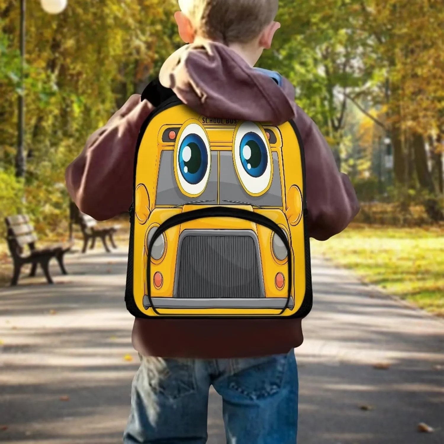Cartoon School Bus Print Boys Girls Backpack Small Kids Backpack with Adjustable Shoulder Straps Cute Casual School Bookbag for Preschool Kindergarten Student