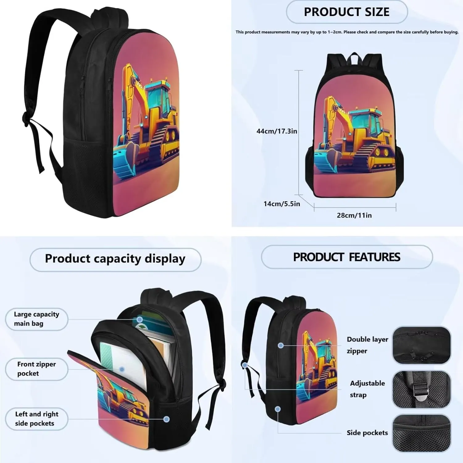 Cartoon Shovel Kids Travel Backpack for Airplane Kids School Bag 3-in-1 Bookbag Set Laptop Backpack Lunch Bag Pencil Case Gifts for Women Girls Boys MultiPurpose Book Bag