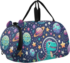 Cartoon Space Dinosaur Duffle Bag for Girl, Sports Duffle Gym Bags with Shoe Compartment, Personalized Overnight Bag Travel Weekender for Kids