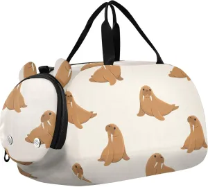 Cartoon Walrus Sports Duffle Bag for Girls Boys, Gym Bag with Shoe Compartment, Kids Travel Overnight Weekender Shoulder Bag