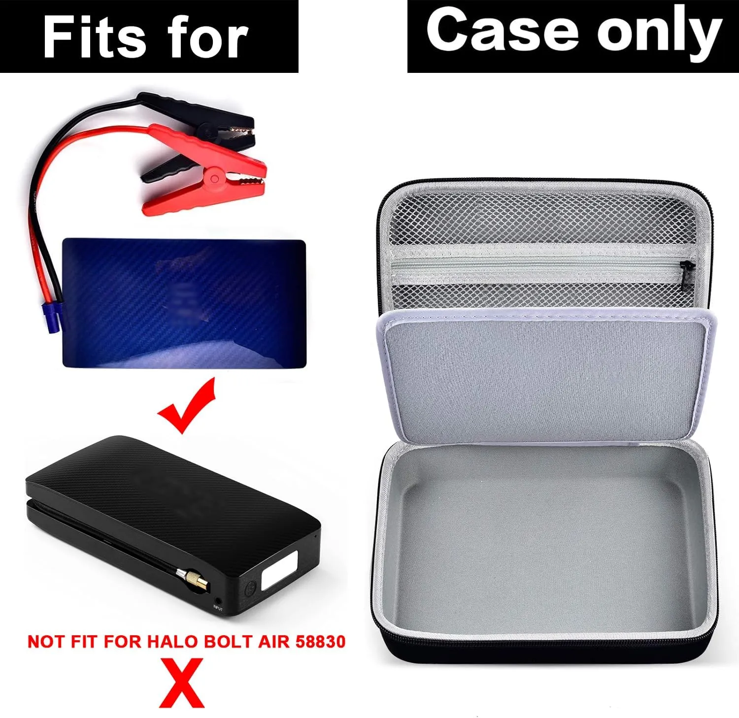 Case for Halo Bolt 58830/57720 mWh Portable Phone Laptop Charger Car Jump Starter, Power Bank Storage Holder with Mesh Pocket for AC Outlet, Car Charger and Accessories - Grey Inside