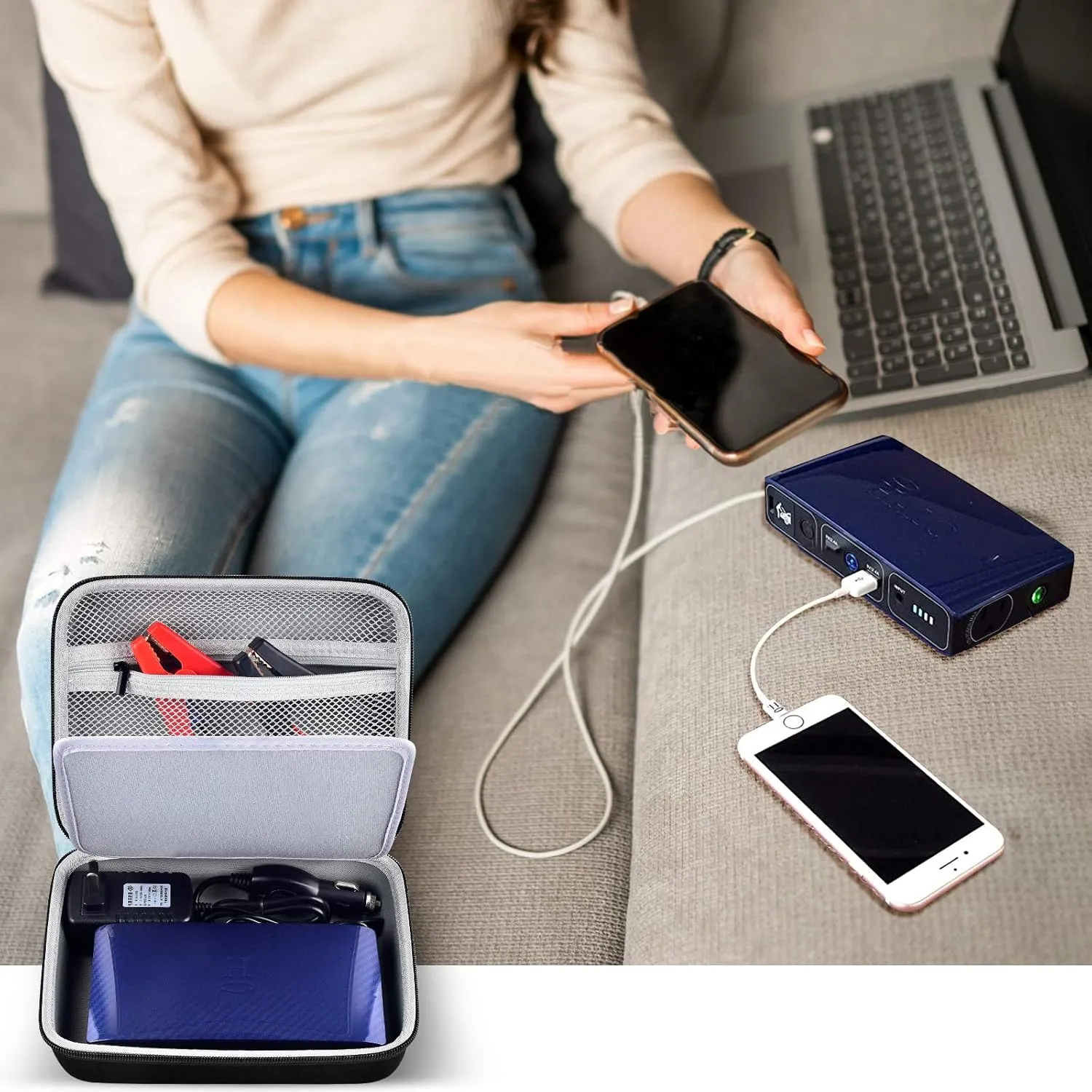Case for Halo Bolt 58830/57720 mWh Portable Phone Laptop Charger Car Jump Starter, Power Bank Storage Holder with Mesh Pocket for AC Outlet, Car Charger and Accessories - Grey Inside