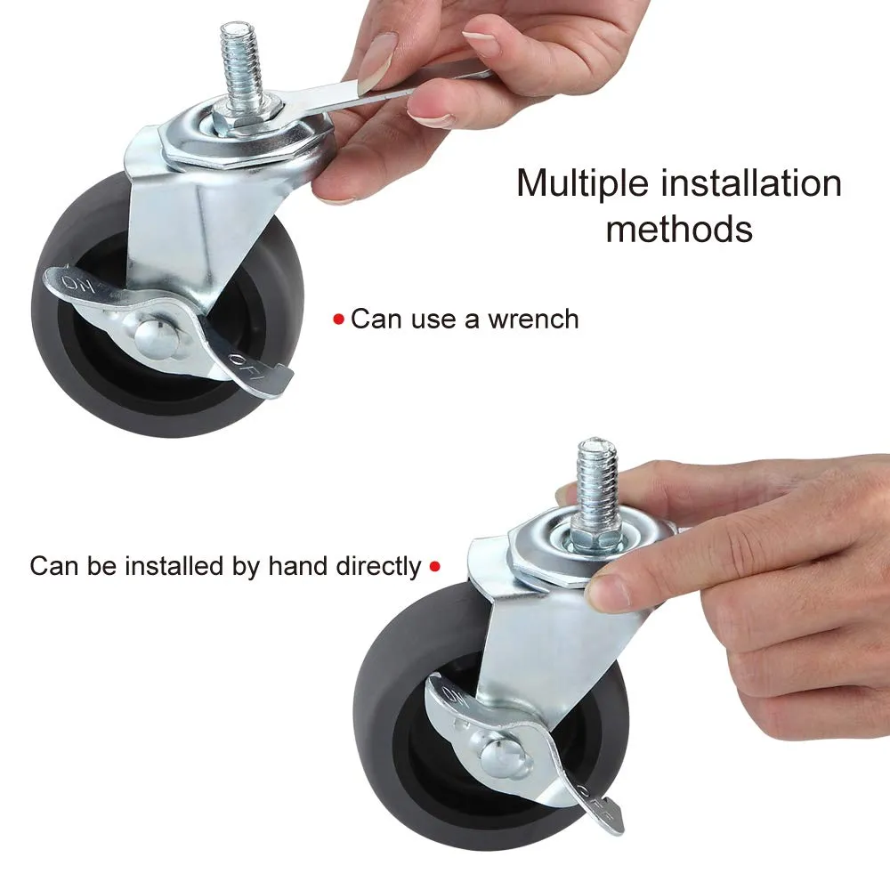 Caster Wheels, 3" Locking Swivel Stem Casters Set with Brake of 16, 3/8"-16 x 1 (Screw Diameter 3/8", Length 1") Rubber Casters with 360 Degree No Noise Wheels