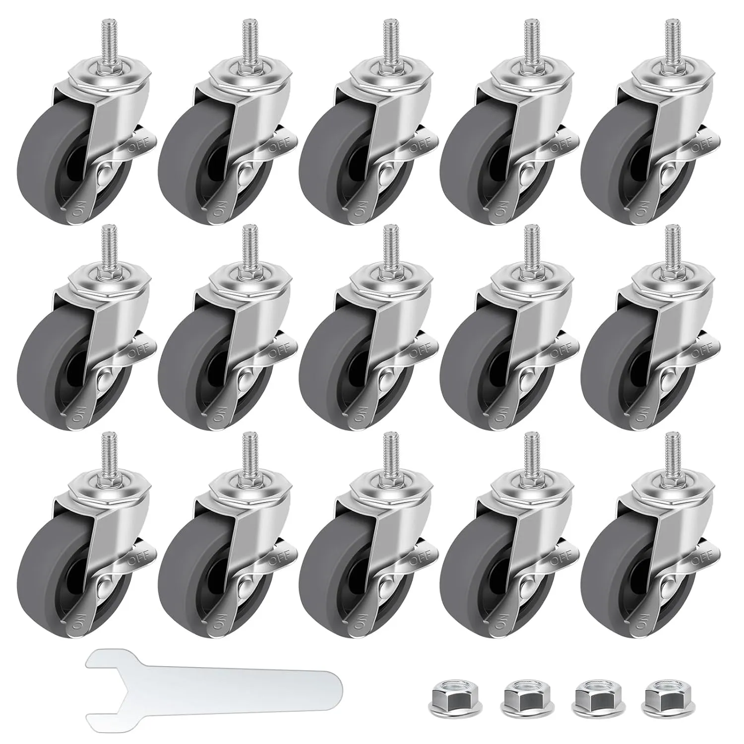 Caster Wheels, 3" Locking Swivel Stem Casters Set with Brake of 16, 3/8"-16 x 1 (Screw Diameter 3/8", Length 1") Rubber Casters with 360 Degree No Noise Wheels