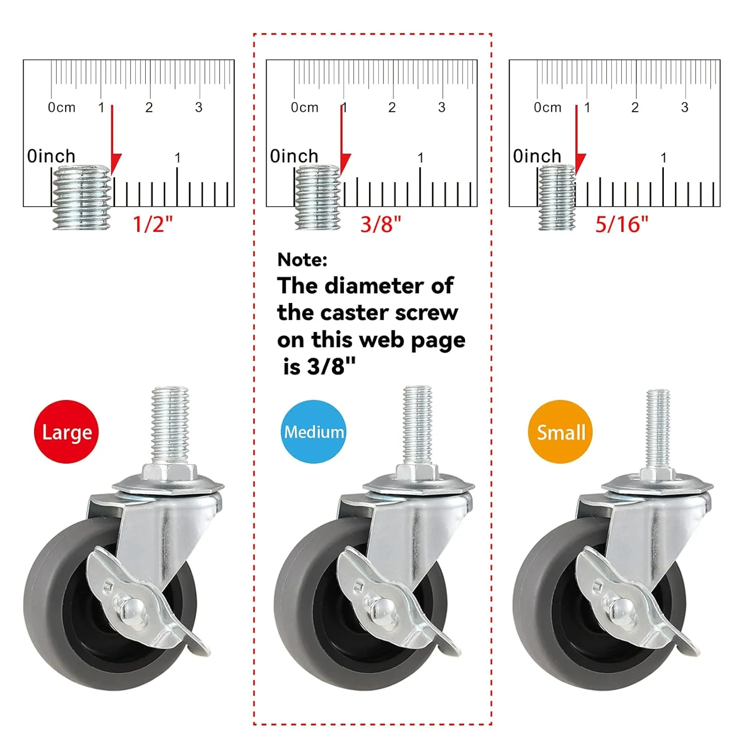 Caster Wheels, 3" Locking Swivel Stem Casters Set with Brake of 16, 3/8"-16 x 1 (Screw Diameter 3/8", Length 1") Rubber Casters with 360 Degree No Noise Wheels