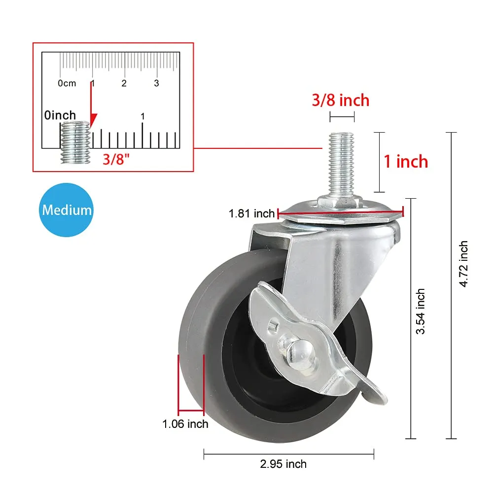 Caster Wheels, 3" Locking Swivel Stem Casters Set with Brake of 16, 3/8"-16 x 1 (Screw Diameter 3/8", Length 1") Rubber Casters with 360 Degree No Noise Wheels