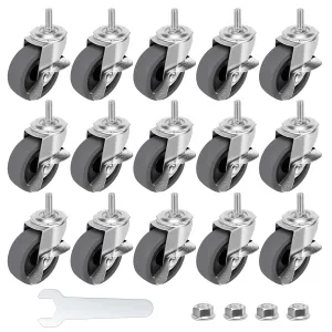 Caster Wheels, 3" Locking Swivel Stem Casters Set with Brake of 16, 3/8"-16 x 1 (Screw Diameter 3/8", Length 1") Rubber Casters with 360 Degree No Noise Wheels