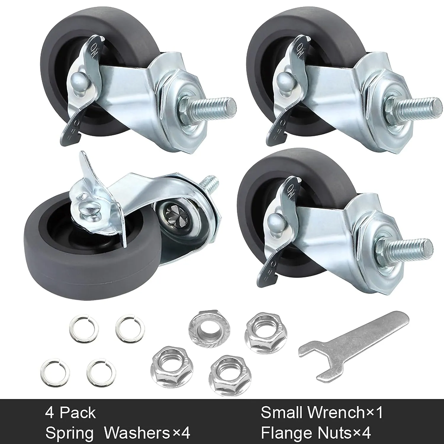 Caster Wheels, 3" Locking Swivel Stem Casters Set with Brake of 16, 3/8"-16 x 1 (Screw Diameter 3/8", Length 1") Rubber Casters with 360 Degree No Noise Wheels