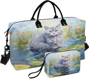 Cat on Pond Travel Duffel Bags with Toiletry Bag and Adjustable Strap for Travel Gym Yoga