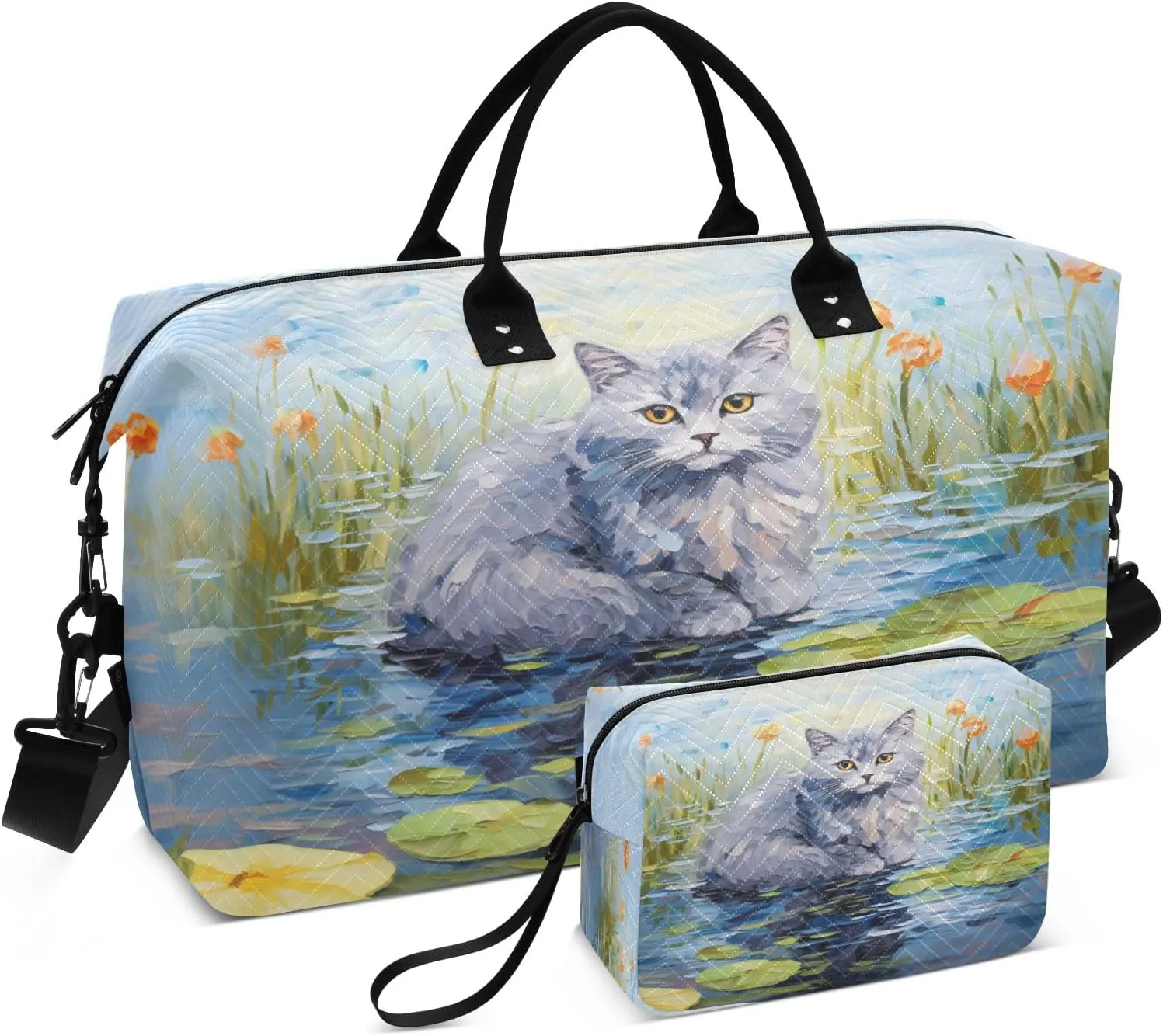 Cat on Pond Travel Duffel Bags with Toiletry Bag and Adjustable Strap for Travel Gym Yoga