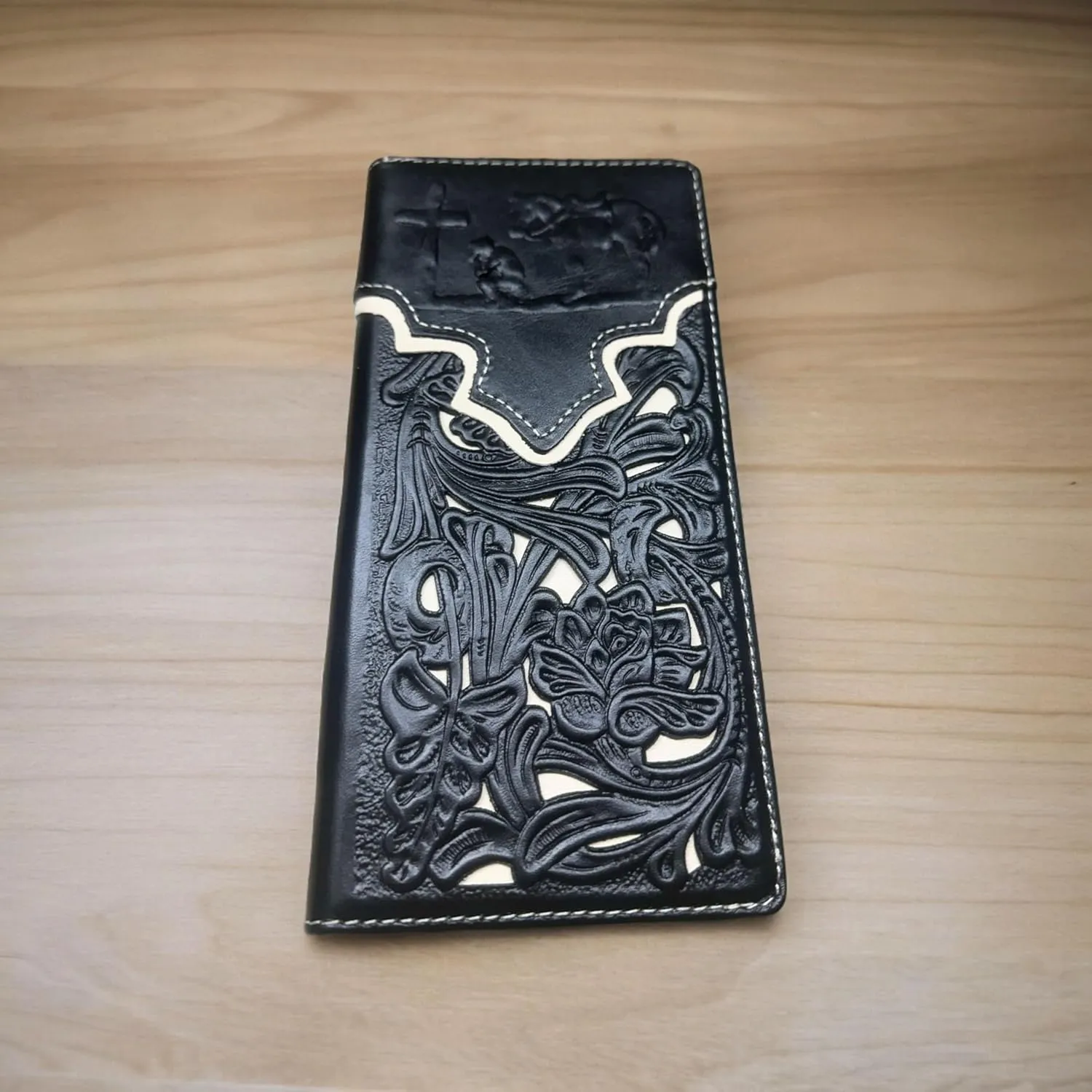 CBP001: Western Stakes Mens Cowboy Praying At Cross Embossed Long Wallet Floral Cutout Layered Leather Soft Leather Checkbook Style Mens Wallets Bull Rider Rodeo (Black & White)