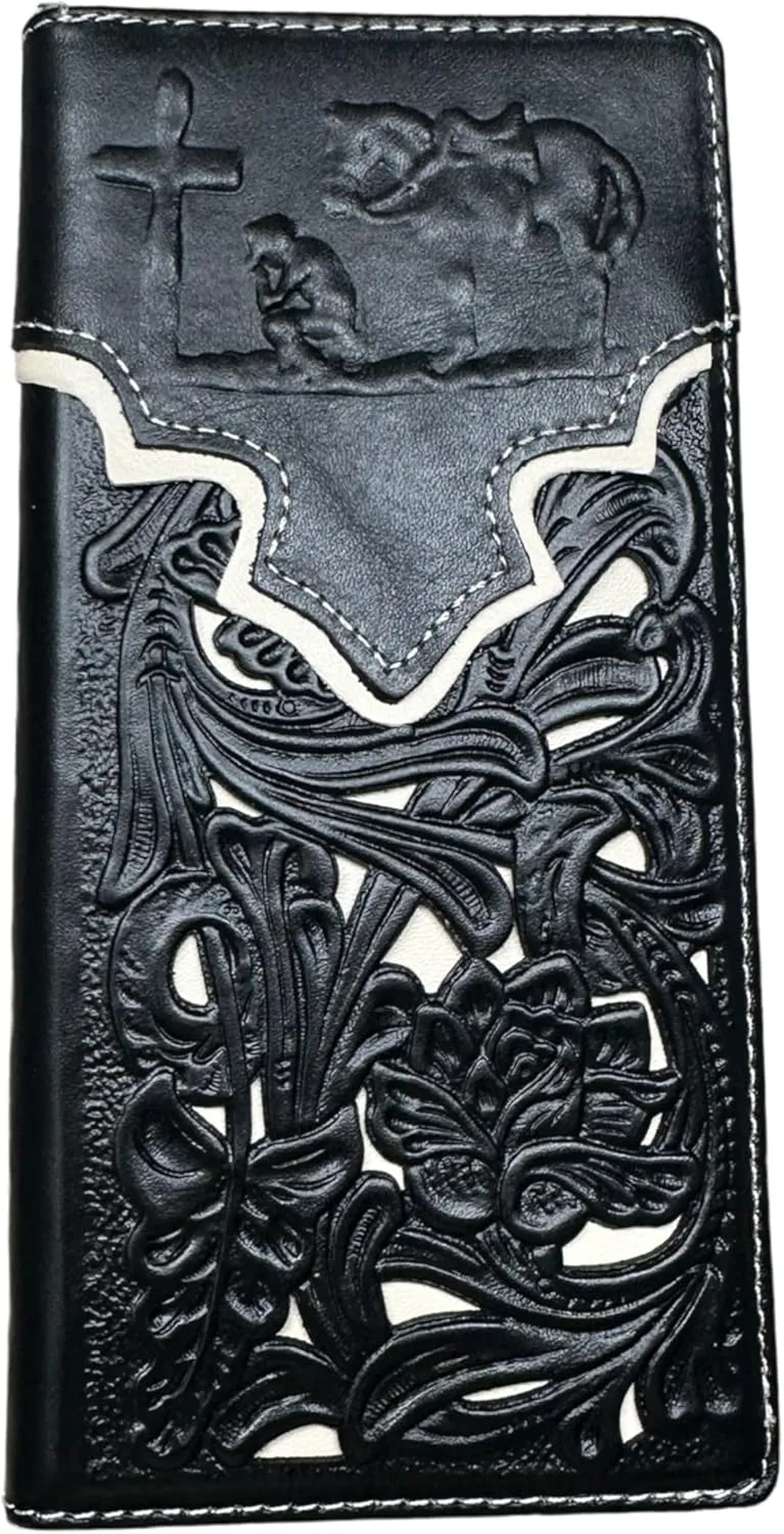 CBP001: Western Stakes Mens Cowboy Praying At Cross Embossed Long Wallet Floral Cutout Layered Leather Soft Leather Checkbook Style Mens Wallets Bull Rider Rodeo (Black & White)