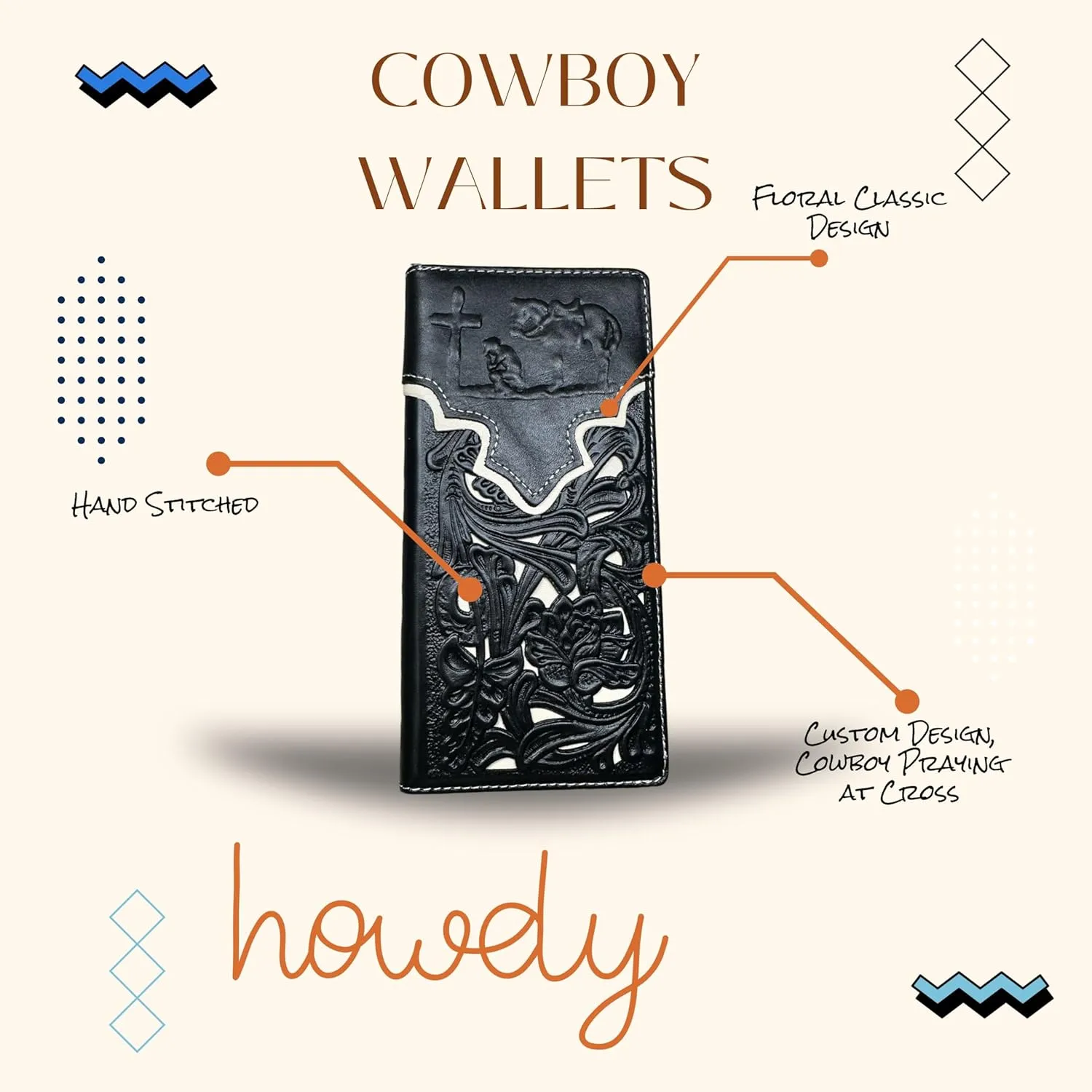 CBP001: Western Stakes Mens Cowboy Praying At Cross Embossed Long Wallet Floral Cutout Layered Leather Soft Leather Checkbook Style Mens Wallets Bull Rider Rodeo (Black & White)