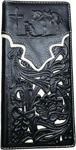 CBP001: Western Stakes Mens Cowboy Praying At Cross Embossed Long Wallet Floral Cutout Layered Leather Soft Leather Checkbook Style Mens Wallets Bull Rider Rodeo (Black & White)