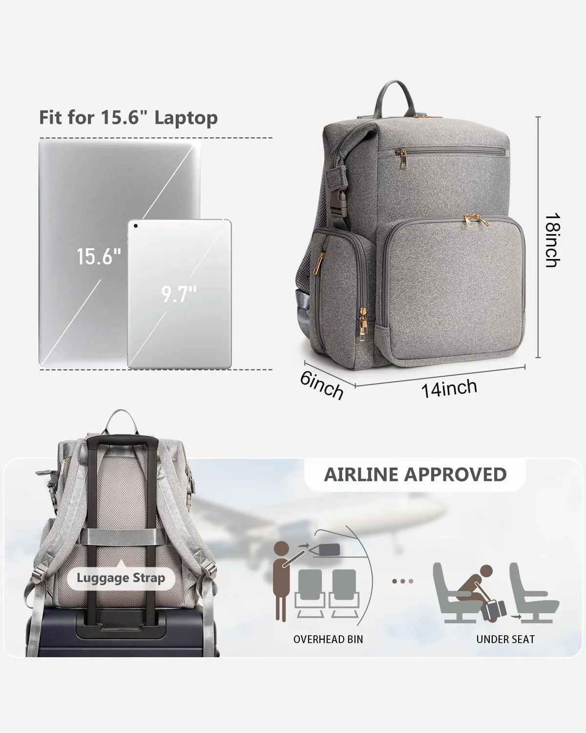 CEI-CEI Neoprene Diaper Bag Backpack with Insulated Pockets, Large Newborn Baby Maternity Bags Travel Tote with Changing Pad Mother‘s Day Gift (Grey)
