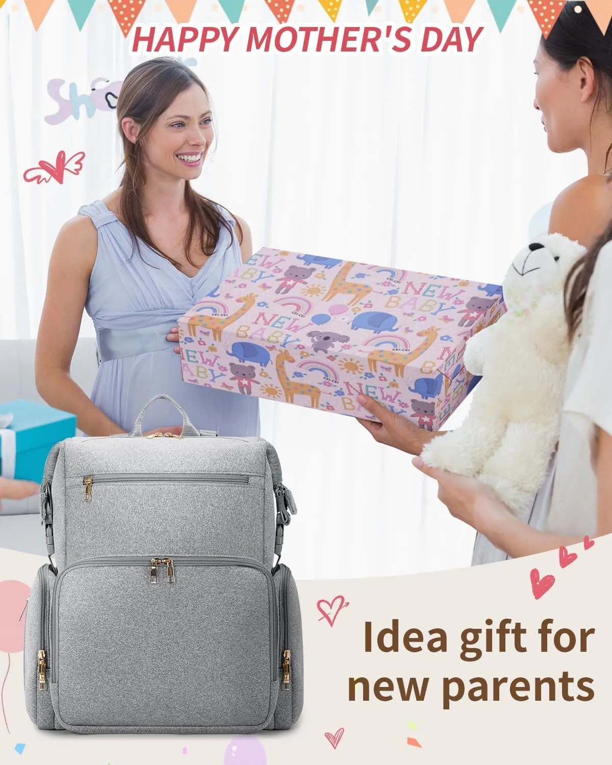 CEI-CEI Neoprene Diaper Bag Backpack with Insulated Pockets, Large Newborn Baby Maternity Bags Travel Tote with Changing Pad Mother‘s Day Gift (Grey)