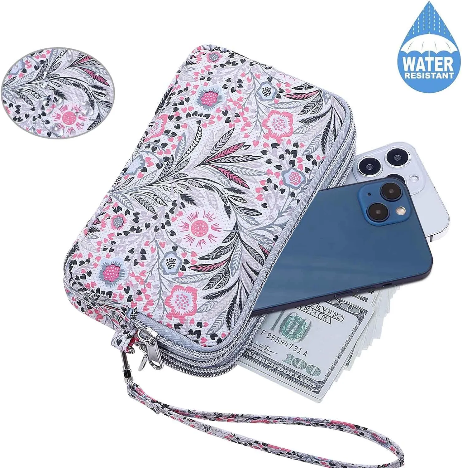 Cellphone Wristlet Wallets for Women Large Capacity Clutch Purse 3 Zipper Compartments 6 Card Slots Anti-water Handbag