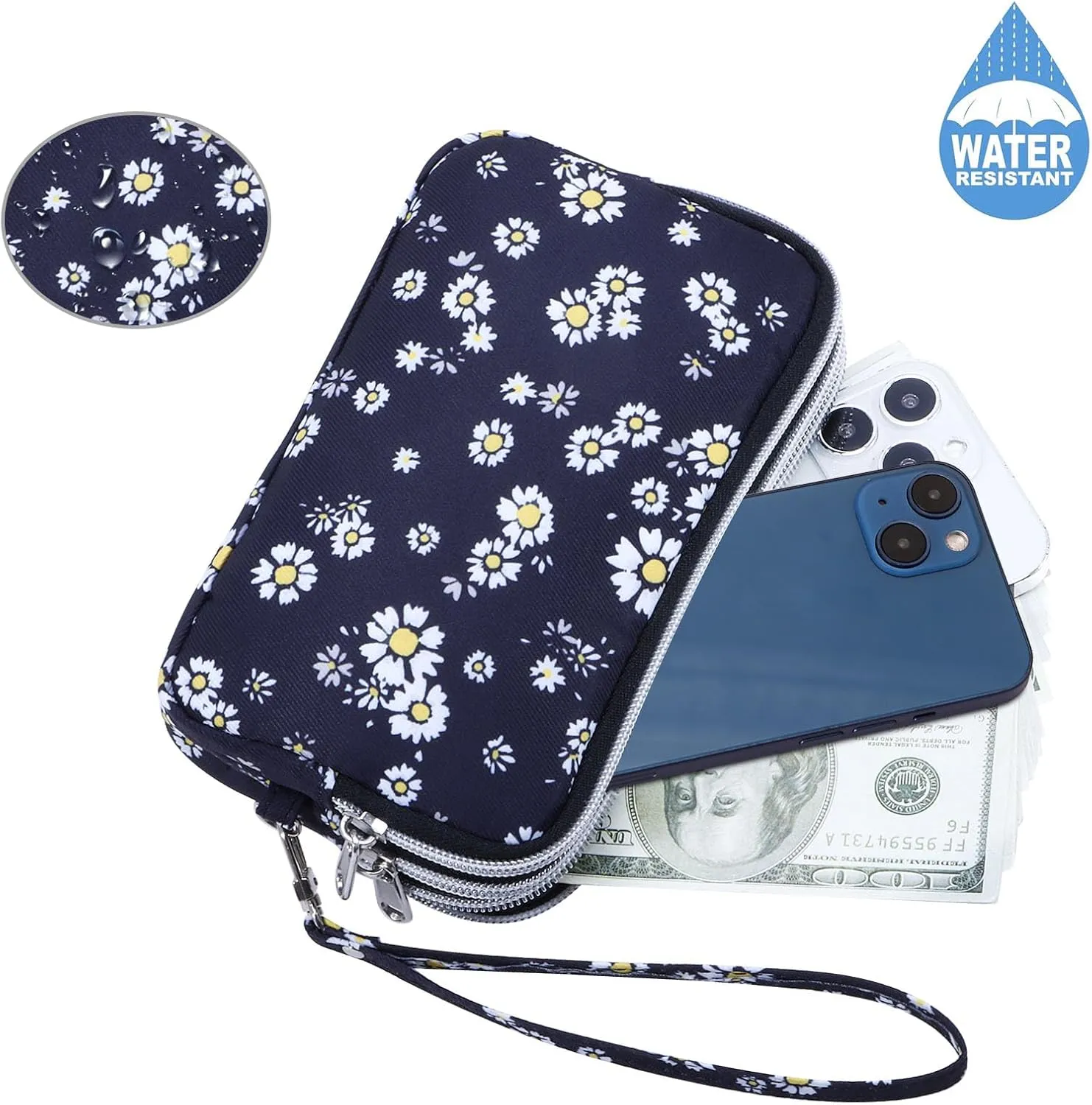 Cellphone Wristlet Wallets for Women Large Capacity Clutch Purse 3 Zipper Compartments 6 Card Slots Anti-water Handbag