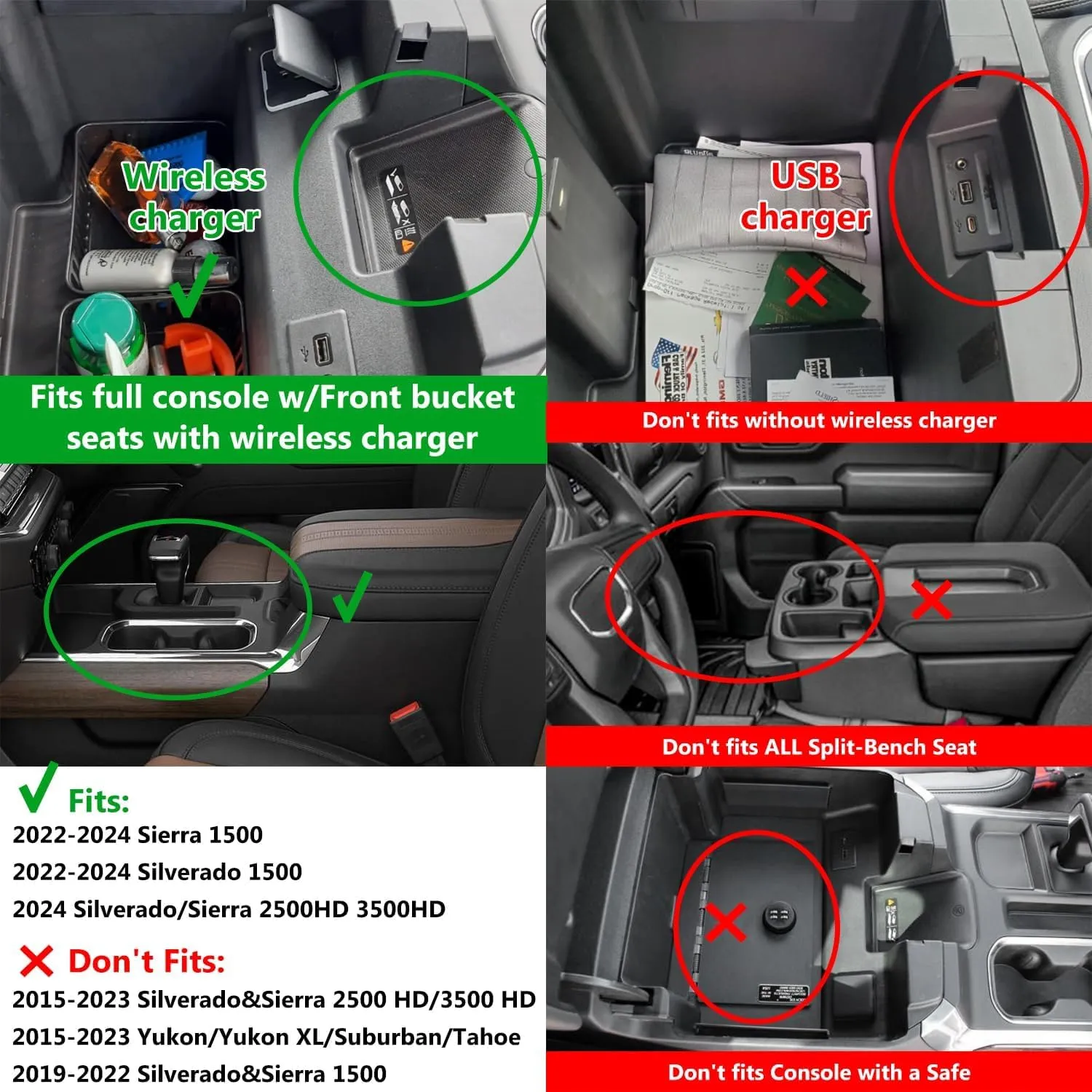 Center Console Organizer fit for GMC 2023 2024 2025 Sierra/Chevy Silverado 1500 Accessories, 2024-2025 2500HD 3500HD (Wireless Charger With Full Console w/Bucket Seats Only)